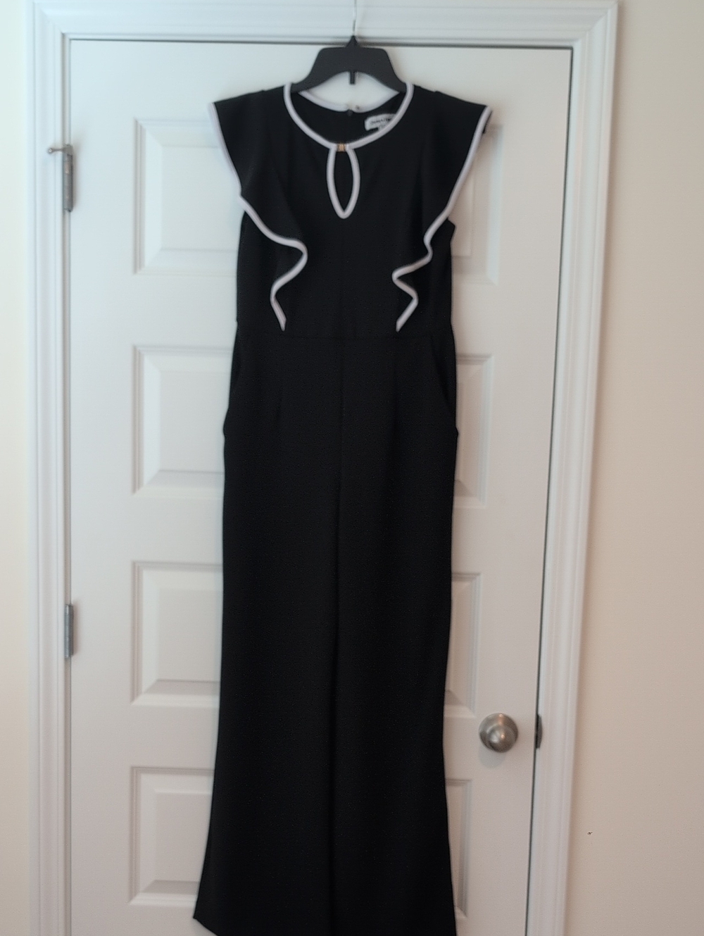 Black Jumpsuit with White Trim Ruffle Detail